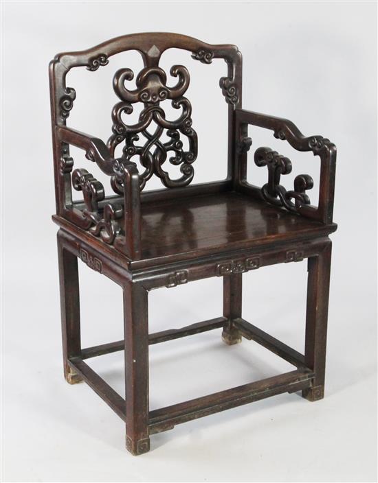 A late 19th century Chinese rosewood armchair,